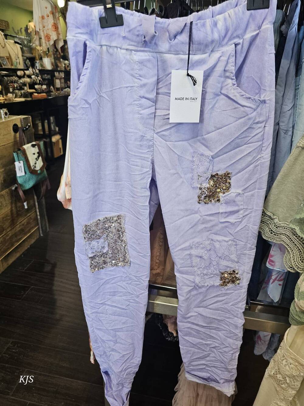 NEW MADE IN ITALY women's embroidered italian crinkle joggers in purple
